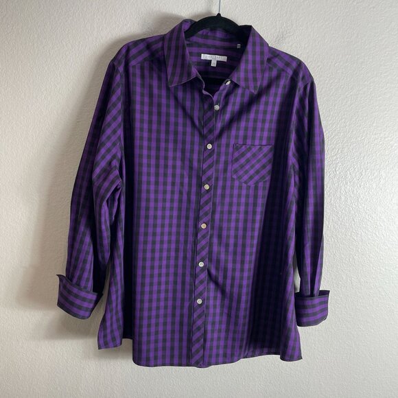 Foxcroft Womens Plus 18W Non Iron Purple Black Gingham Check Button Up Shirt Top - Picture 7 of 9